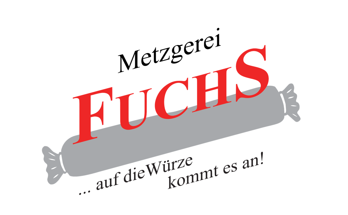 Metzgerei Fuchs Logo, eine Wurst über Ihr ein Schriftzug Metzgerei Fuchs